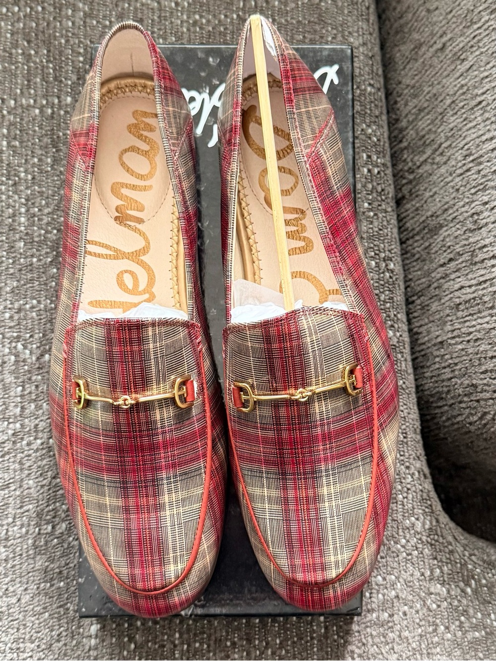 Sam Edelman Red Plaid Loafers with Gold Bit